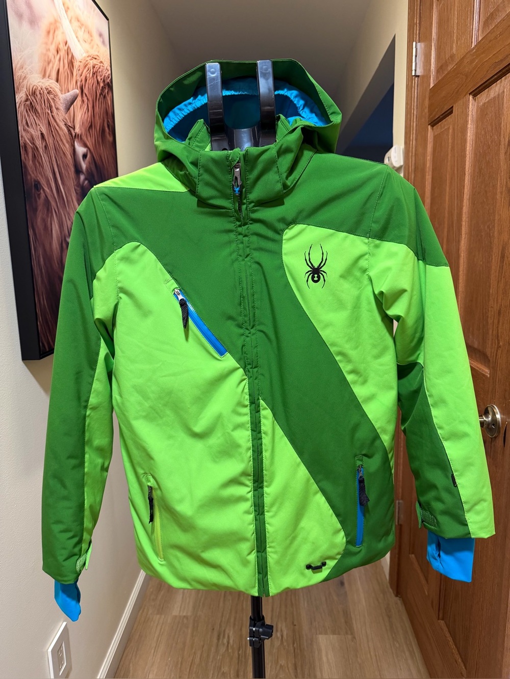 Spyder Leader Boys Ski Jacket Size 14 / 152 Green Blue Hooded Winter Jacket